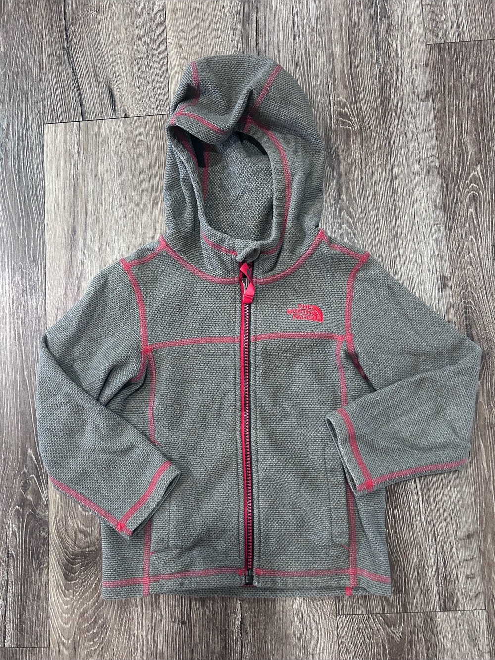 The North Face Gray Hoodie with Red Trim - Kids Zip Front